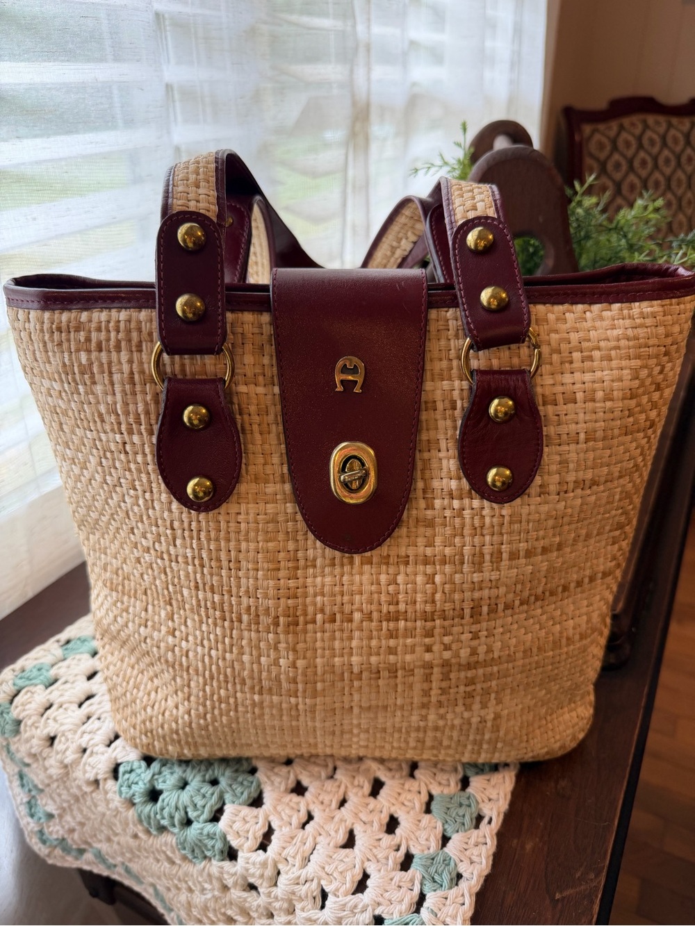 Etienne Aigner Natural Straw Tote with Burgundy Leather Trim
